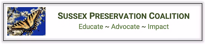 Logo for the Sussex Preservation Coalition featuring an image of a butterfly and a tagline that reads Educate, Advocate, Impact. 